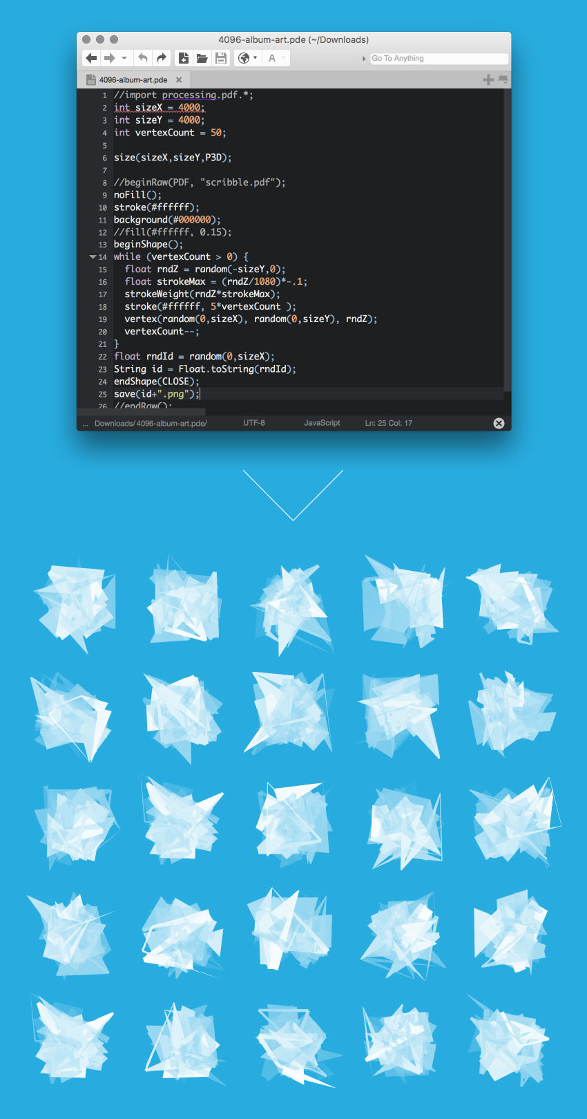 4096 processing patch and grid of abstract shape results for use as album art